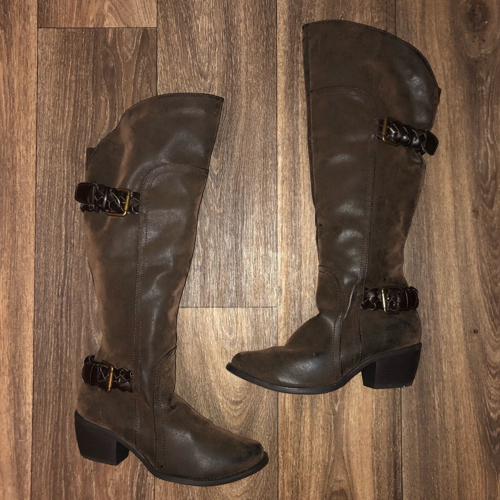 Brown Suede Riding Boot with buckle accent